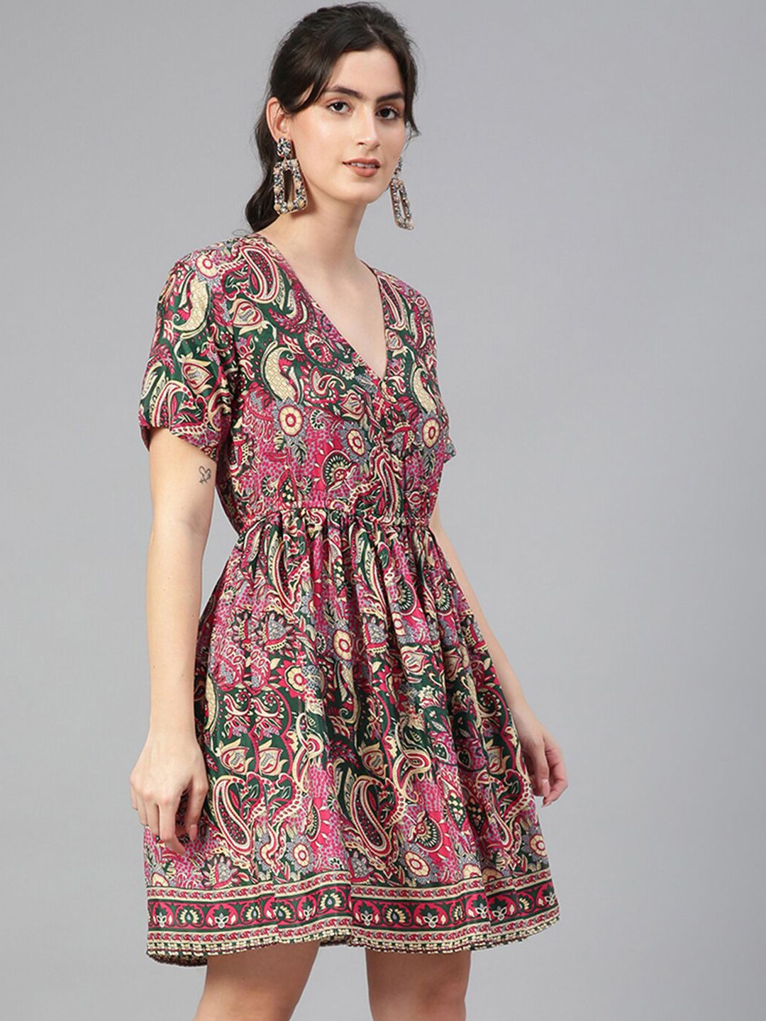Kotty Green & Pink Ethnic Motifs Printed V-Neck Crepe Fit & Flare Dress