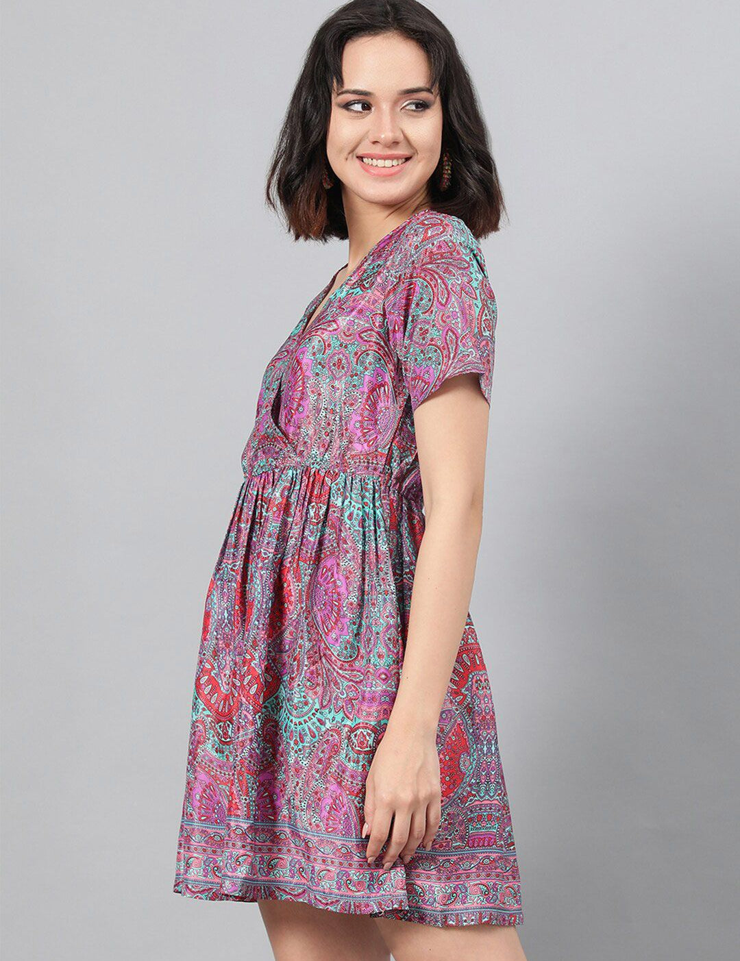 Kotty Magenta Ethnic Motif Printed Fit & Flare Mini Dress