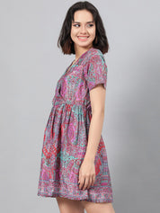 Kotty Magenta Ethnic Motif Printed Fit & Flare Mini Dress