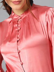 Kotty Pink Cuffed Sleeves Satin Shirt Style Top