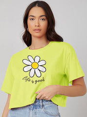 Kotty Yellow Floral Printed Round Neck Drop-Shoulder Sleeves Oversized Crop T-shirt
