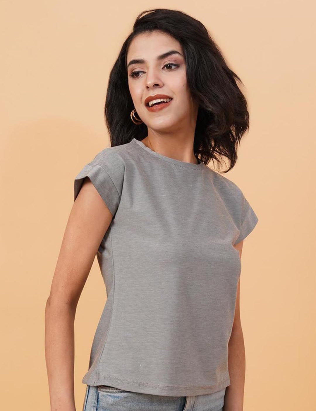 Kotty Grey Round Neck Cap Sleeves Regular T-shirt