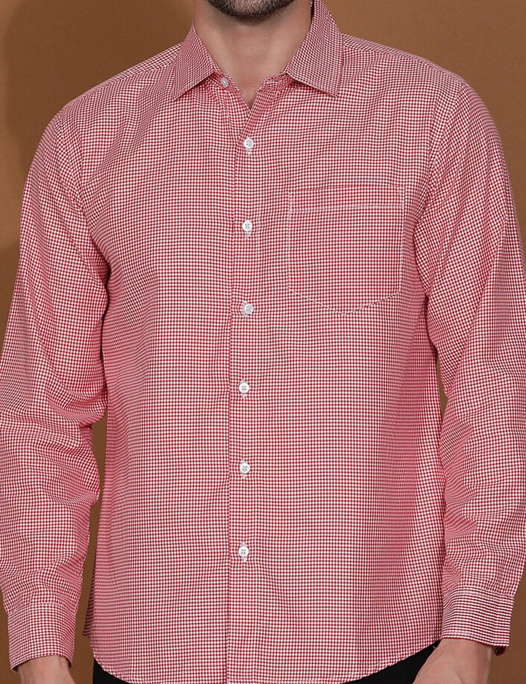 Kotty Red & White New Micro Checks Spread Collar Casual Shirt