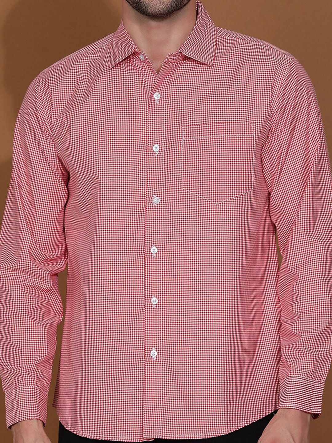 Kotty Red & White New Micro Checks Spread Collar Casual Shirt