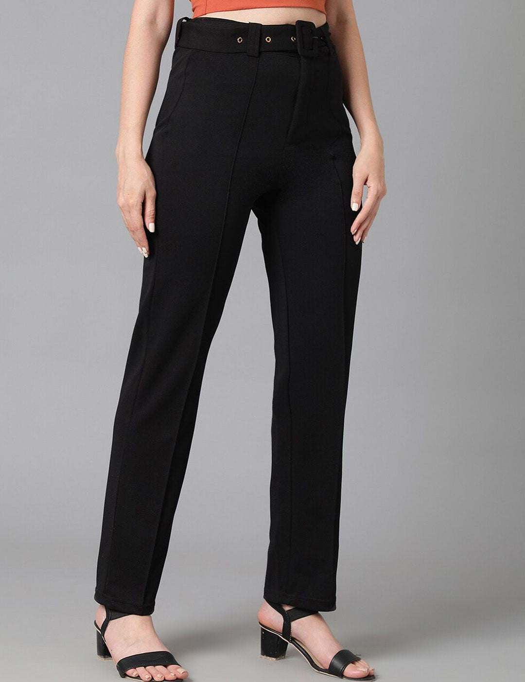 Kotty Women Black Relaxed Straight Leg High-Rise Easy Wash Trousers Comes With Belt