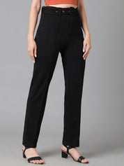 Kotty Women Black Relaxed Straight Leg High-Rise Easy Wash Trousers Comes With Belt