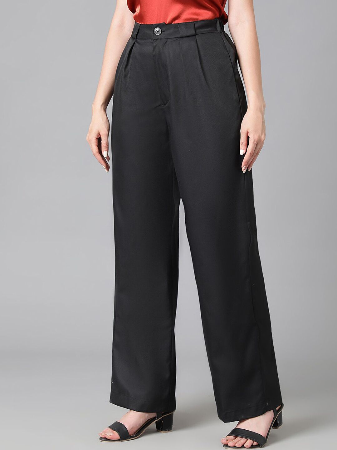 Kotty Women Black Relaxed Straight Leg Straight Fit High-Rise Easy Wash Pleated Trousers