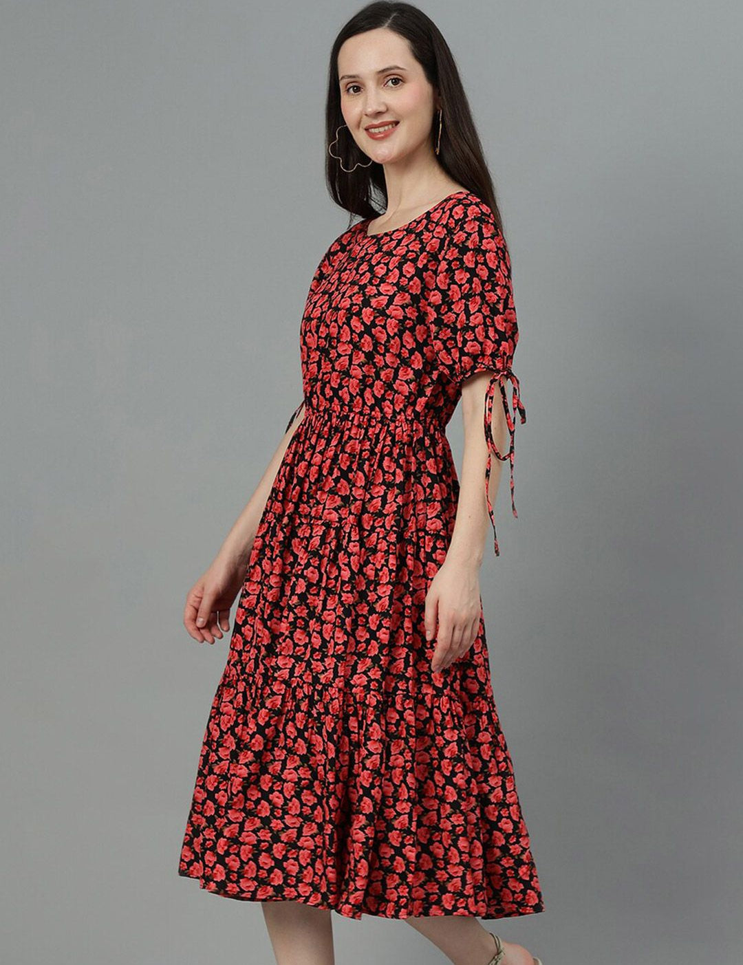 Kotty Red & Black Floral Print A-Line Midi Dress