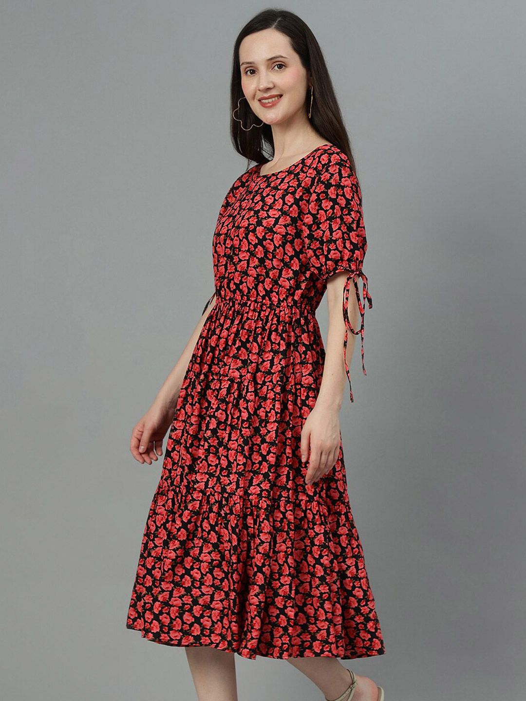 Kotty Red & Black Floral Print A-Line Midi Dress