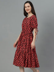Kotty Red & Black Floral Print A-Line Midi Dress