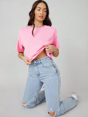 KOTTY Basics Pink Round Neck Drop-Shoulder Sleeves Crop Oversized T-shirt