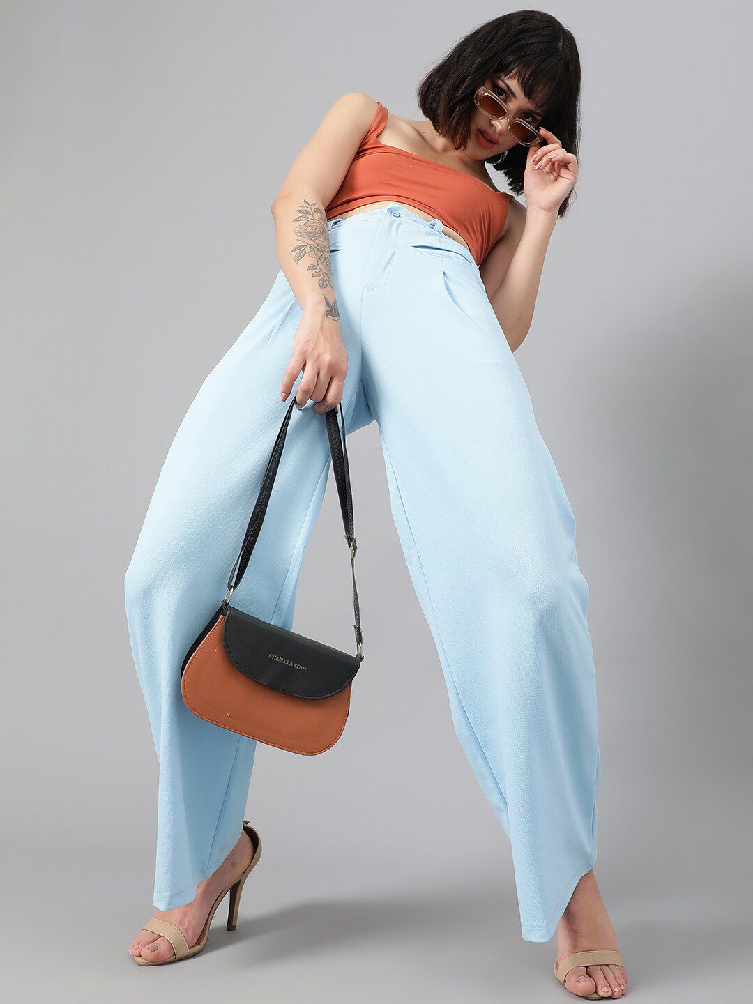 Kotty Women Blue Relaxed Straight Leg Fit High-Rise Easy Wash Parallel Trousers