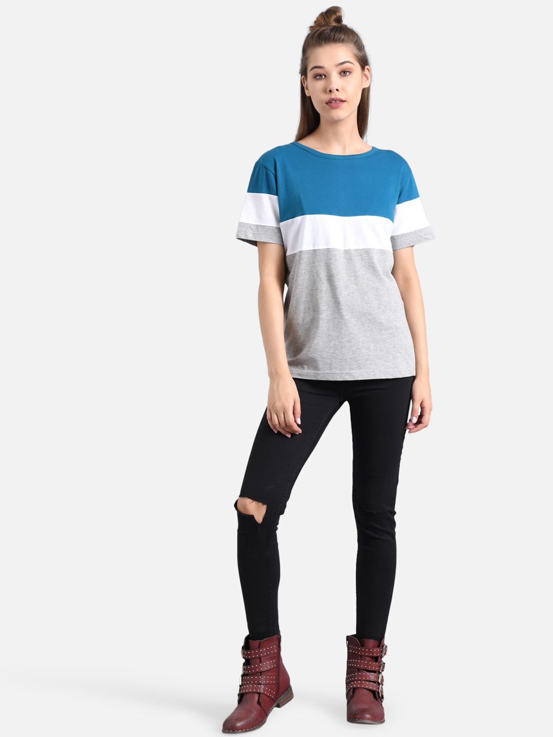 Kotty Women Blue Colourblocked Round Neck T-shirt