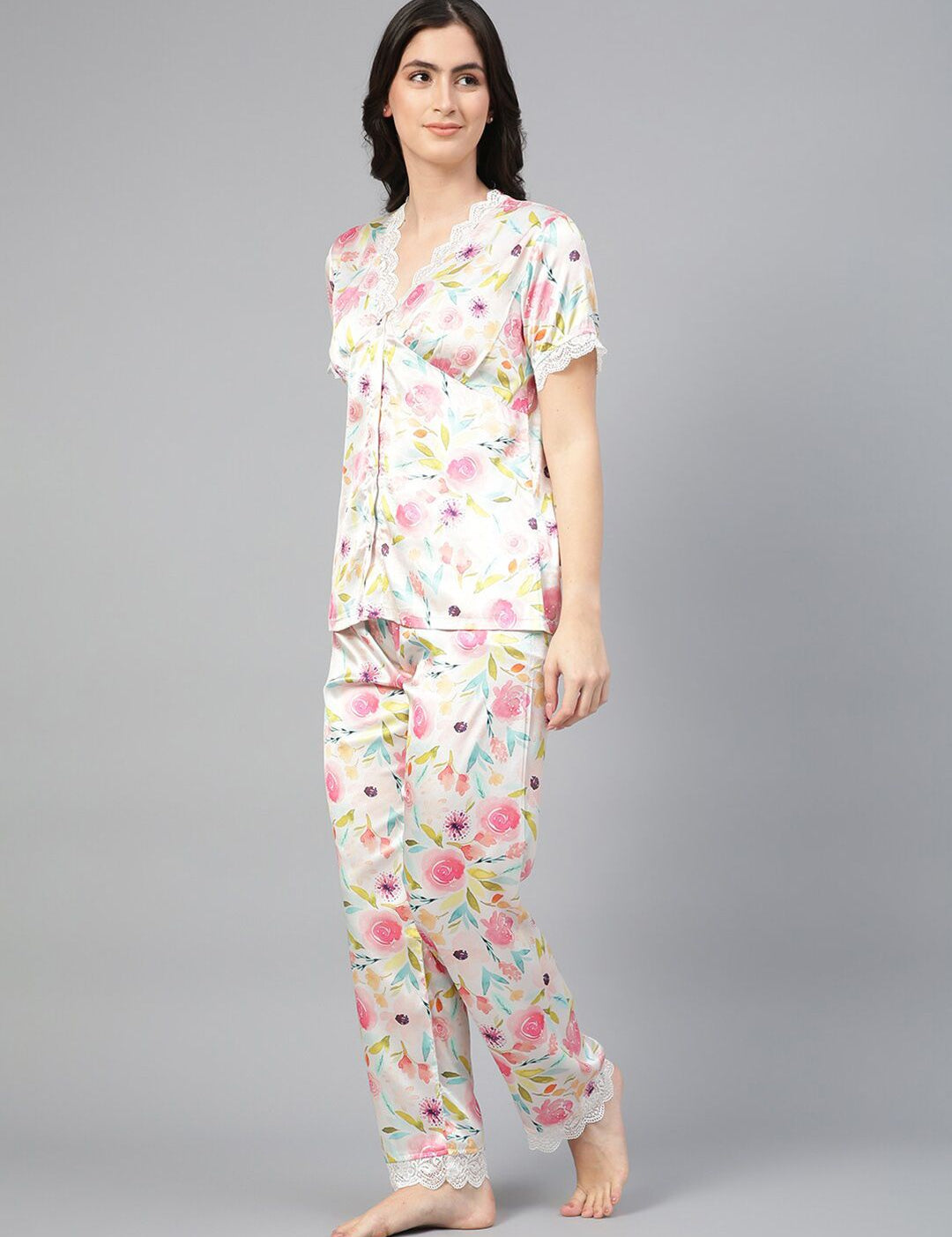 Kotty White & Green Floral Printed Satin Night Suit