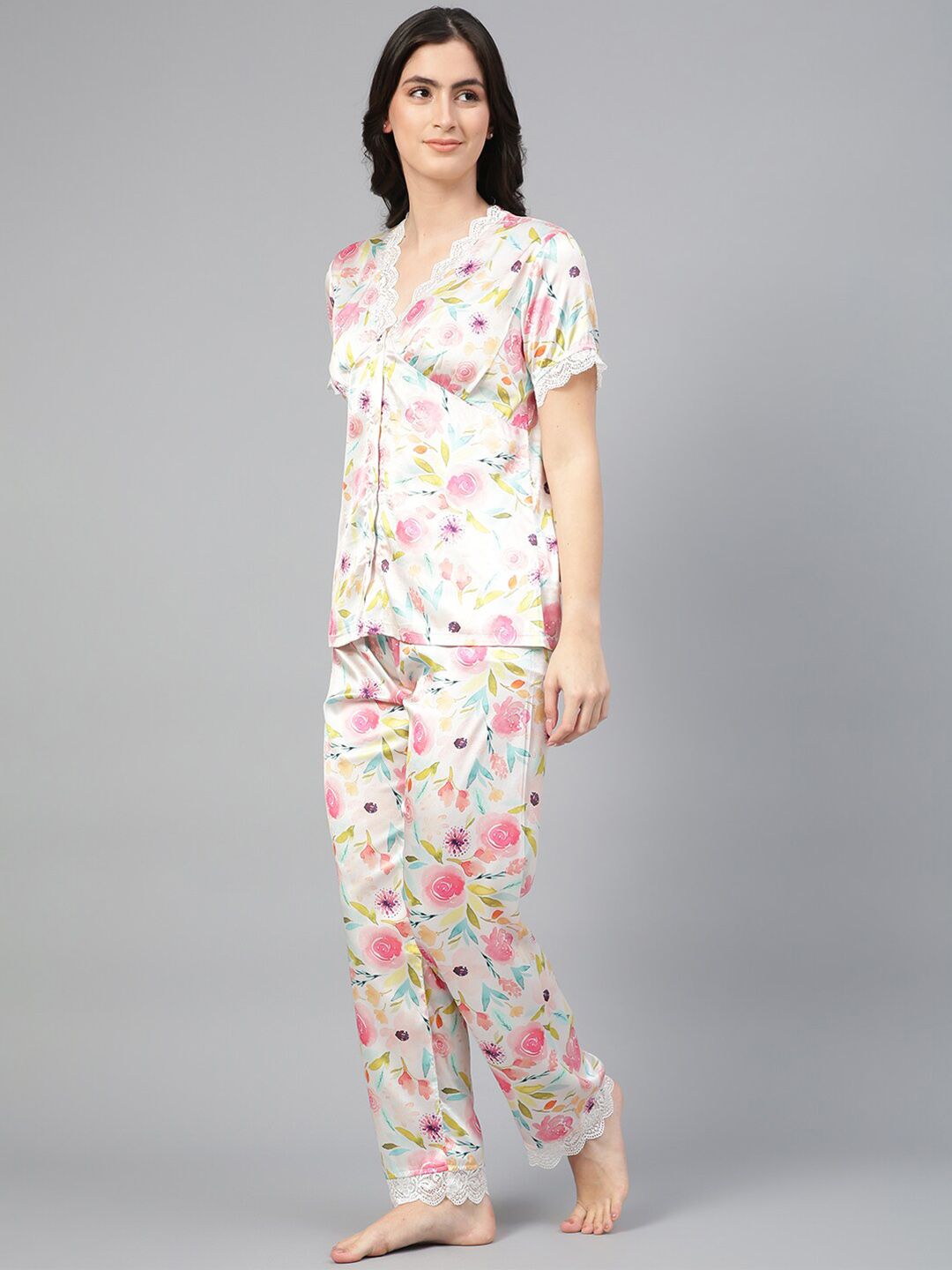 Kotty White & Green Floral Printed Satin Night Suit