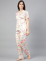 Kotty White & Green Floral Printed Satin Night Suit