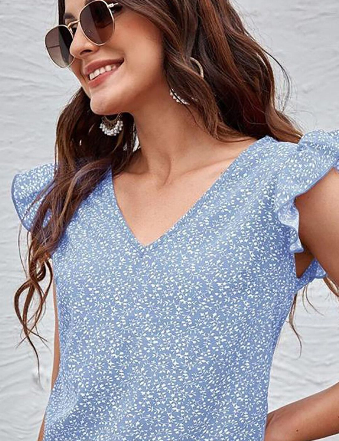 Kotty Blue Floral Printed Flutter Sleeve Top