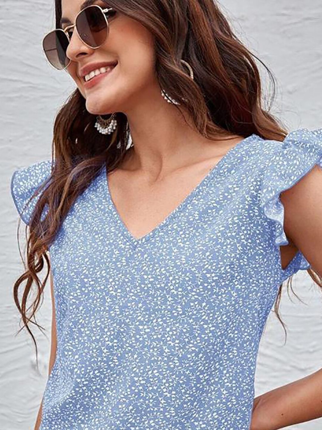 Kotty Blue Floral Printed Flutter Sleeve Top