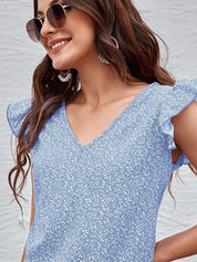 Kotty Blue Floral Printed Flutter Sleeve Top