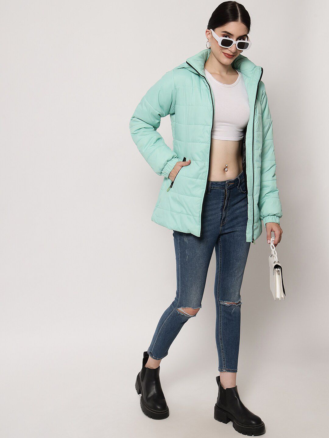 Kotty Women Sea Green Solid Hooded Puffer Jacket