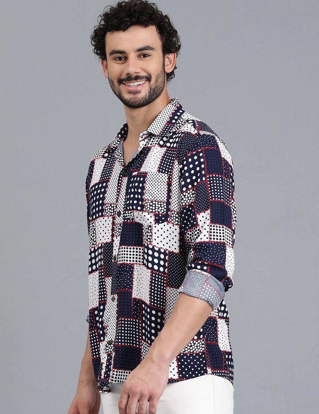 Kotty Navy Blue & White Polka Dot Printed Cutaway Collar Relaxed Fit Casual Shirt