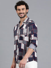 Kotty Navy Blue & White Polka Dot Printed Cutaway Collar Relaxed Fit Casual Shirt