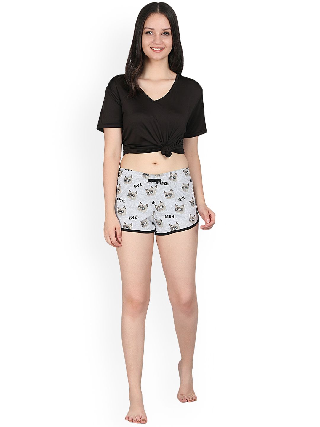 Kotty Women Grey & Black Printed Lounge Shorts KTTSLEEPSHORTS229