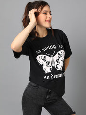 Kotty Graphic Printed Round Neck Drop-Shoulder Sleeves Oversized T-shirt