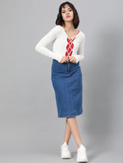Kotty Blue Knee-Length Denim Straight Skirt