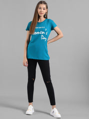 Kotty Women Turquoise Blue Printed Round Neck T-shirt