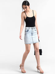 Kotty Women Blue Solid Denim Straight Mini Skirt
