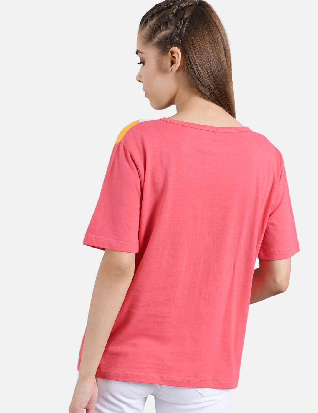 Kotty Women White & Pink Colourblocked Round Neck T-shirt