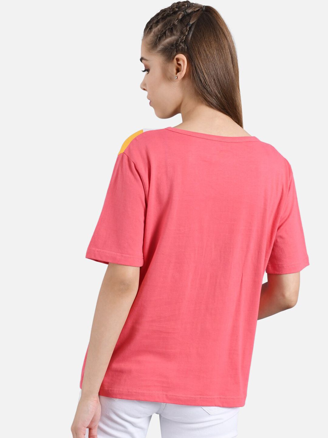 Kotty Women White & Pink Colourblocked Round Neck T-shirt