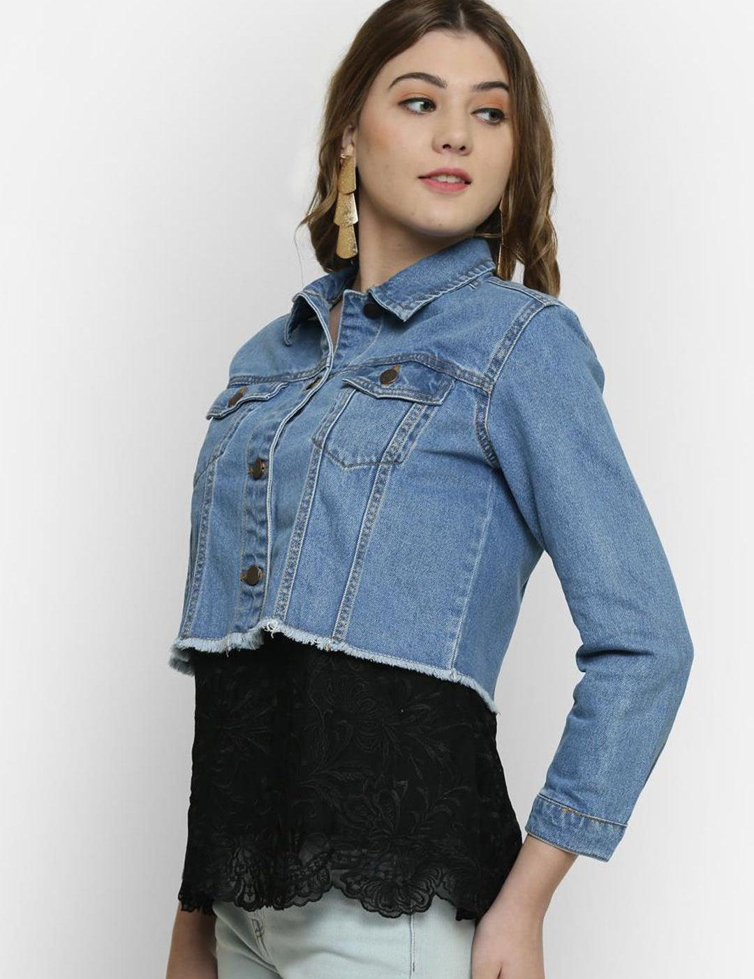 Kotty Women Blue Solid Denim Crop Jacket