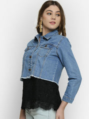 Kotty Women Blue Solid Denim Crop Jacket