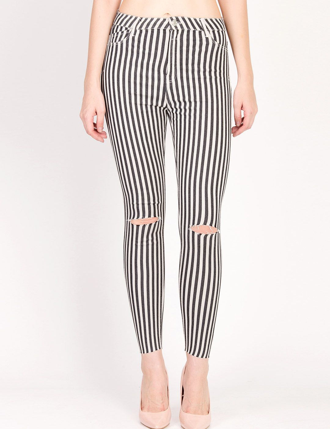 Kotty Women White & Black Skinny Fit High-Rise Slash Knee Striped Jeans