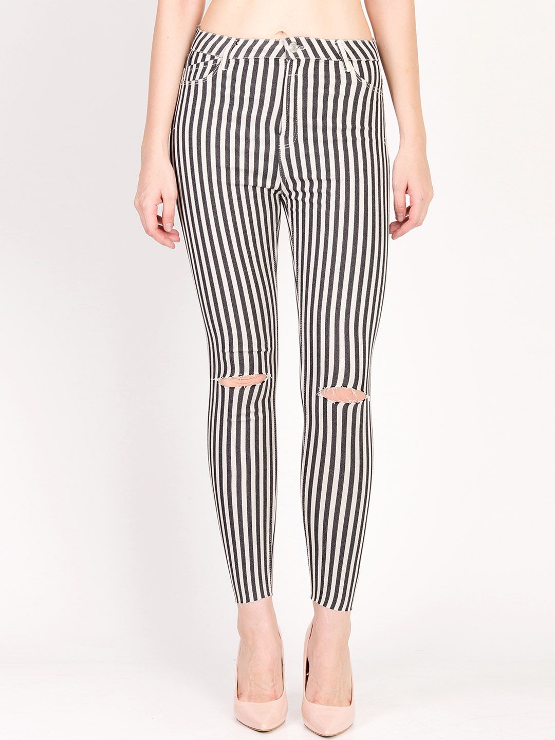 Kotty Women White & Black Skinny Fit High-Rise Slash Knee Striped Jeans