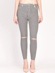 Kotty Women White & Black Skinny Fit High-Rise Slash Knee Striped Jeans