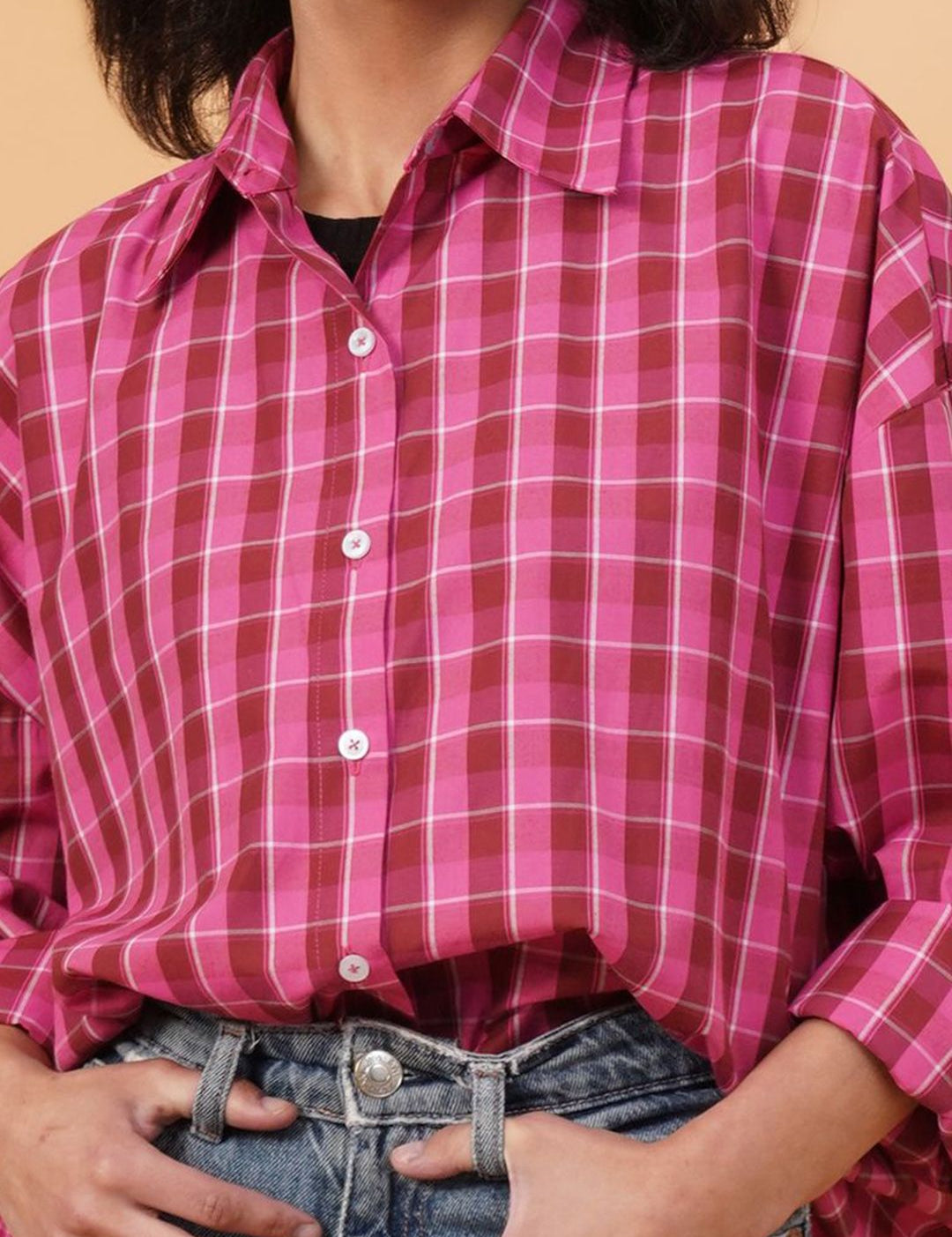 Kotty Checked Spread Corllar Drop-Shoulder Sleeves Longline Shirt