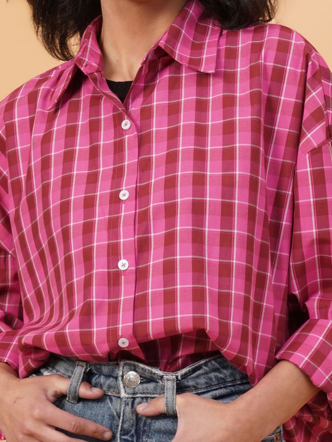 Kotty Checked Spread Corllar Drop-Shoulder Sleeves Longline Shirt