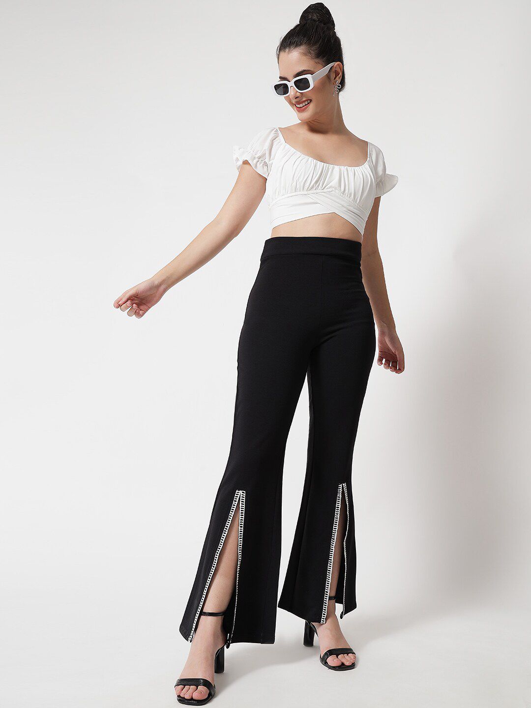 Kotty Women Black Relaxed Flared High-Rise Easy Wash Trousers