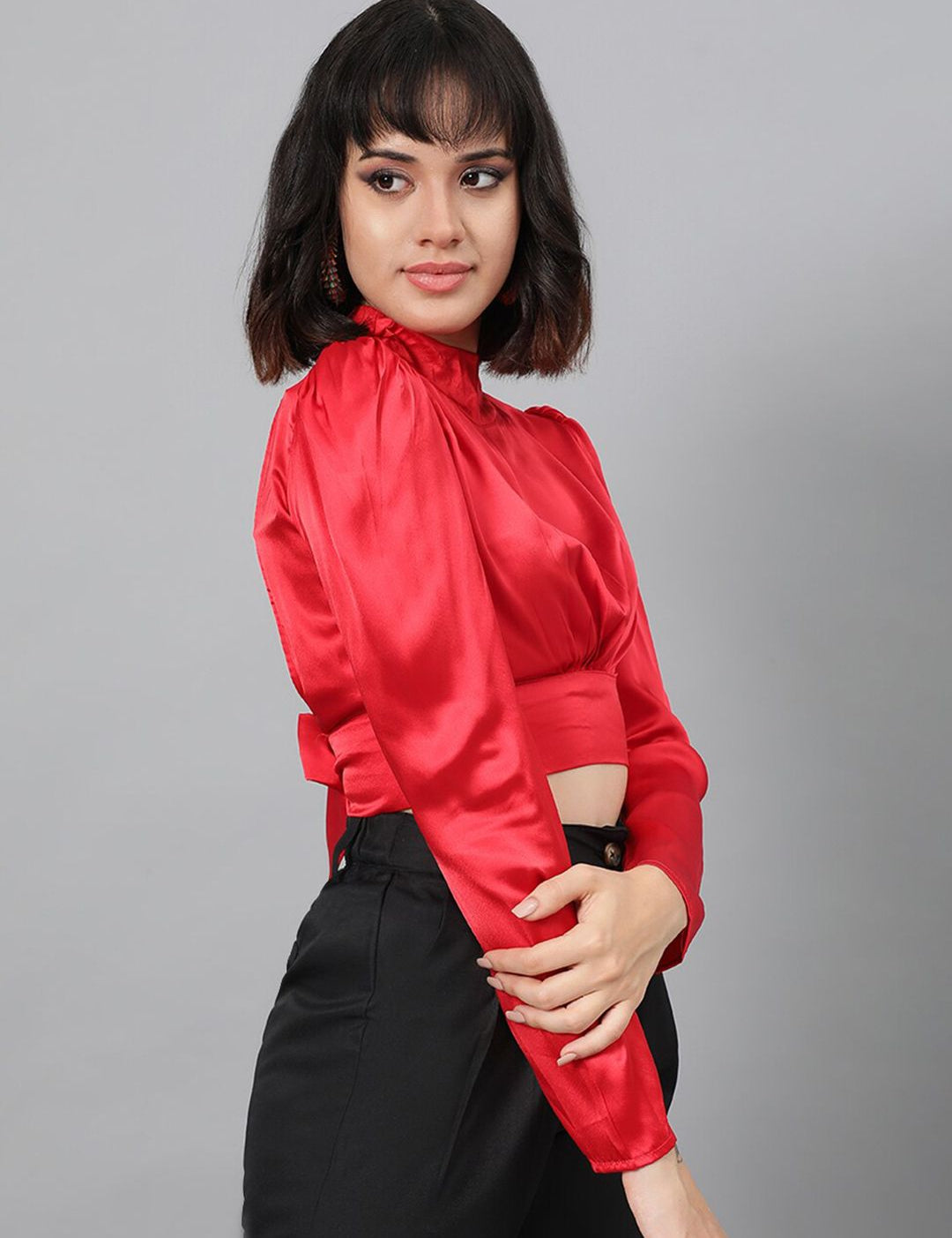 Kotty Red Satin Crop Regular Top