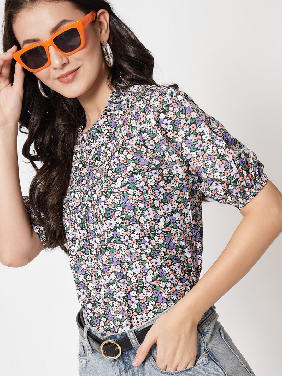 Kotty Women Grey Floral Print Crepe Top