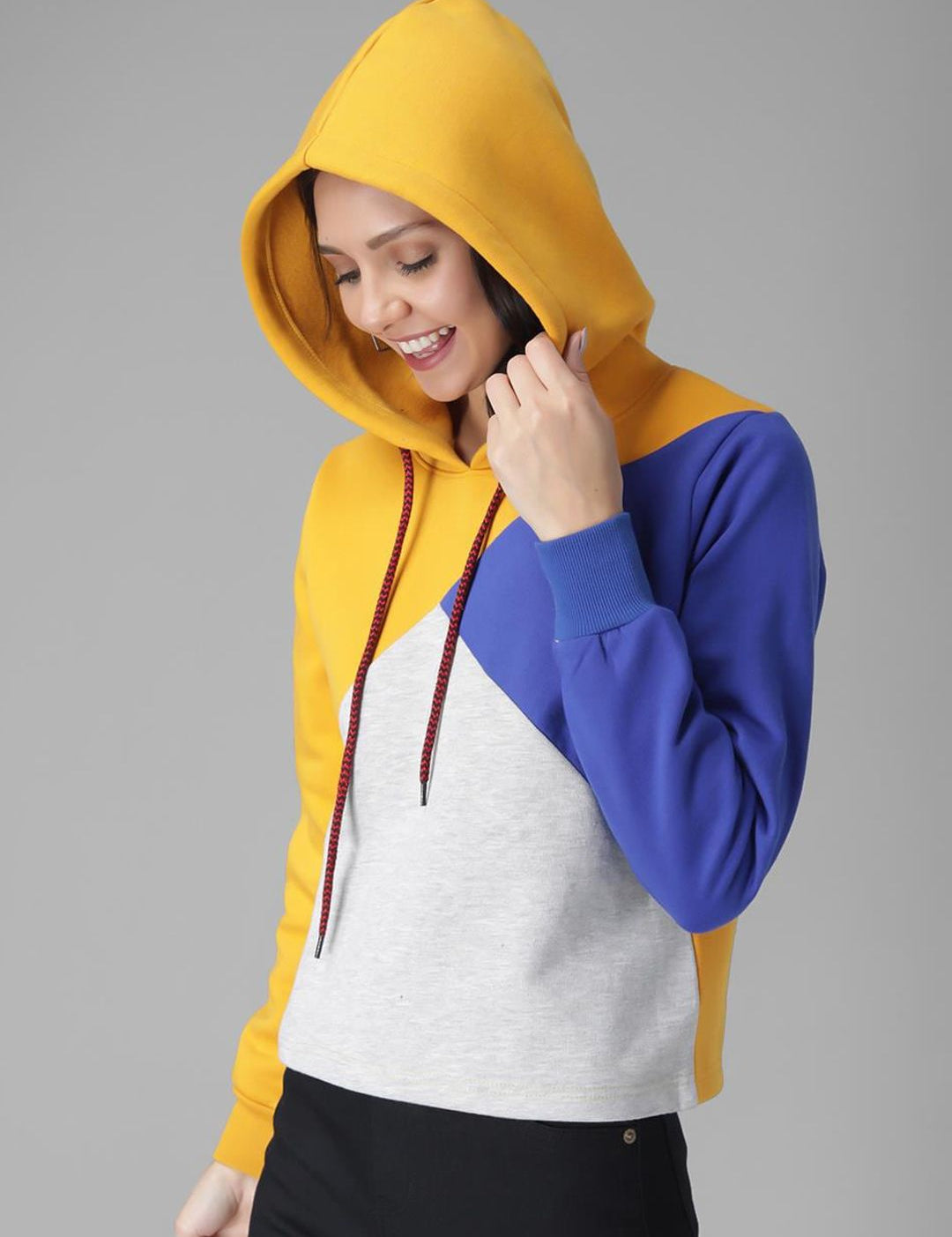 Kotty Women Yellow & Blue Colourblocked Hooded Sweatshirt