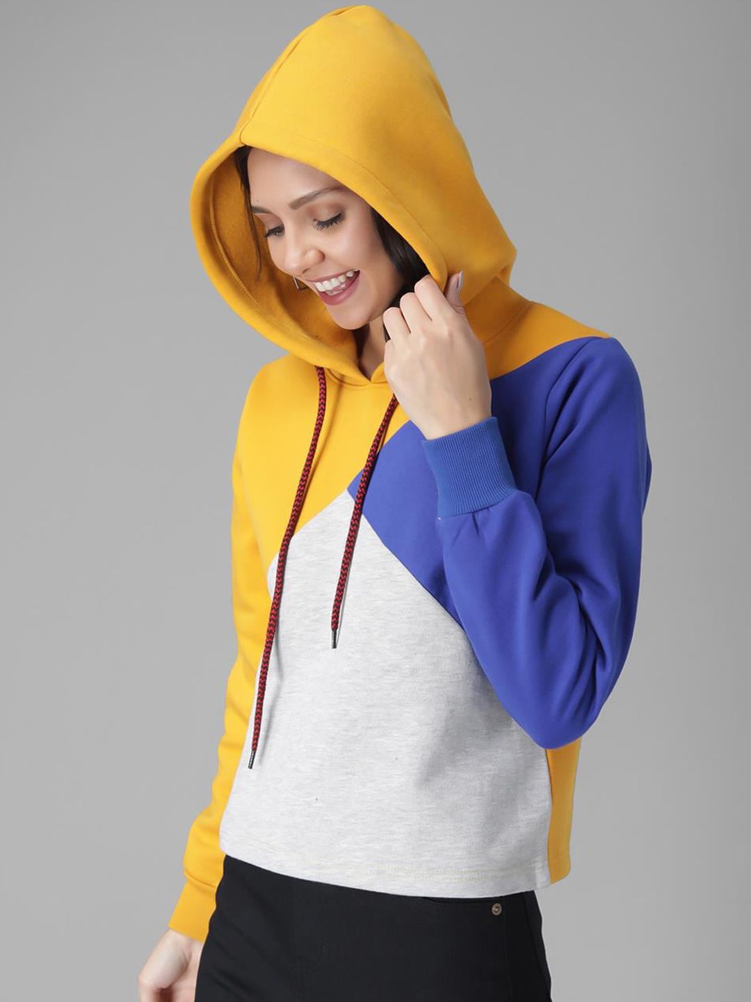 Kotty Women Yellow & Blue Colourblocked Hooded Sweatshirt