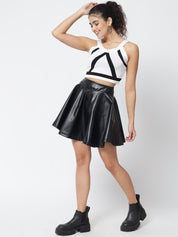 Kotty Women Black Solid Flared Faux Leather Mini Skirt