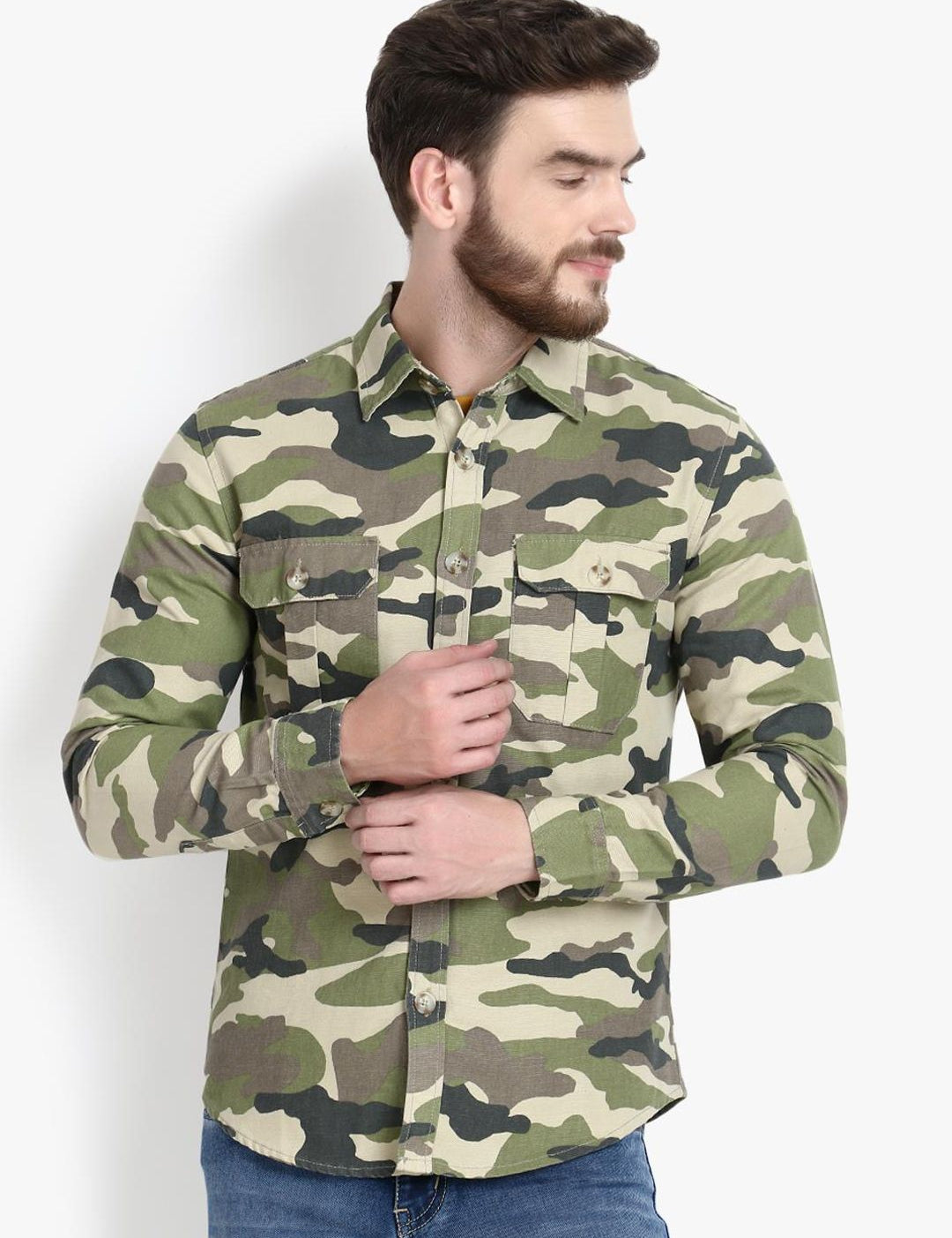 Kotty Men Khaki Printed Lightweight Denim Jacket