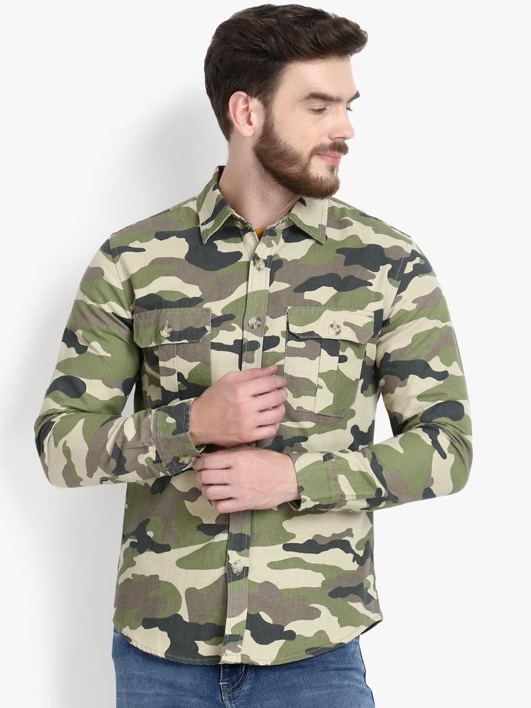 Kotty Men Khaki Printed Lightweight Denim Jacket