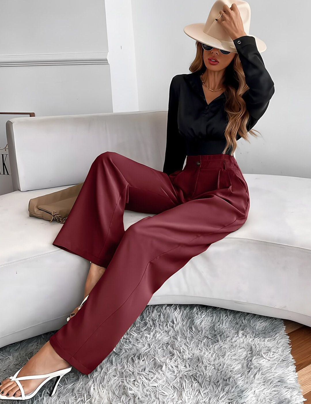 Maroon Relaxed Fit High-Rise Pleated Parallel Trousers