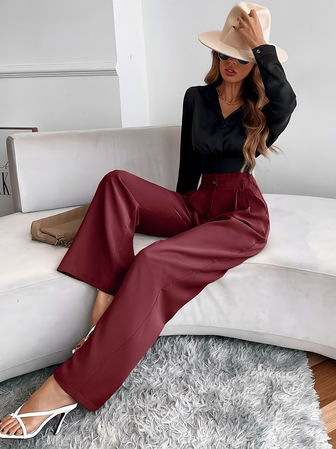 Maroon Relaxed Fit High-Rise Pleated Parallel Trousers